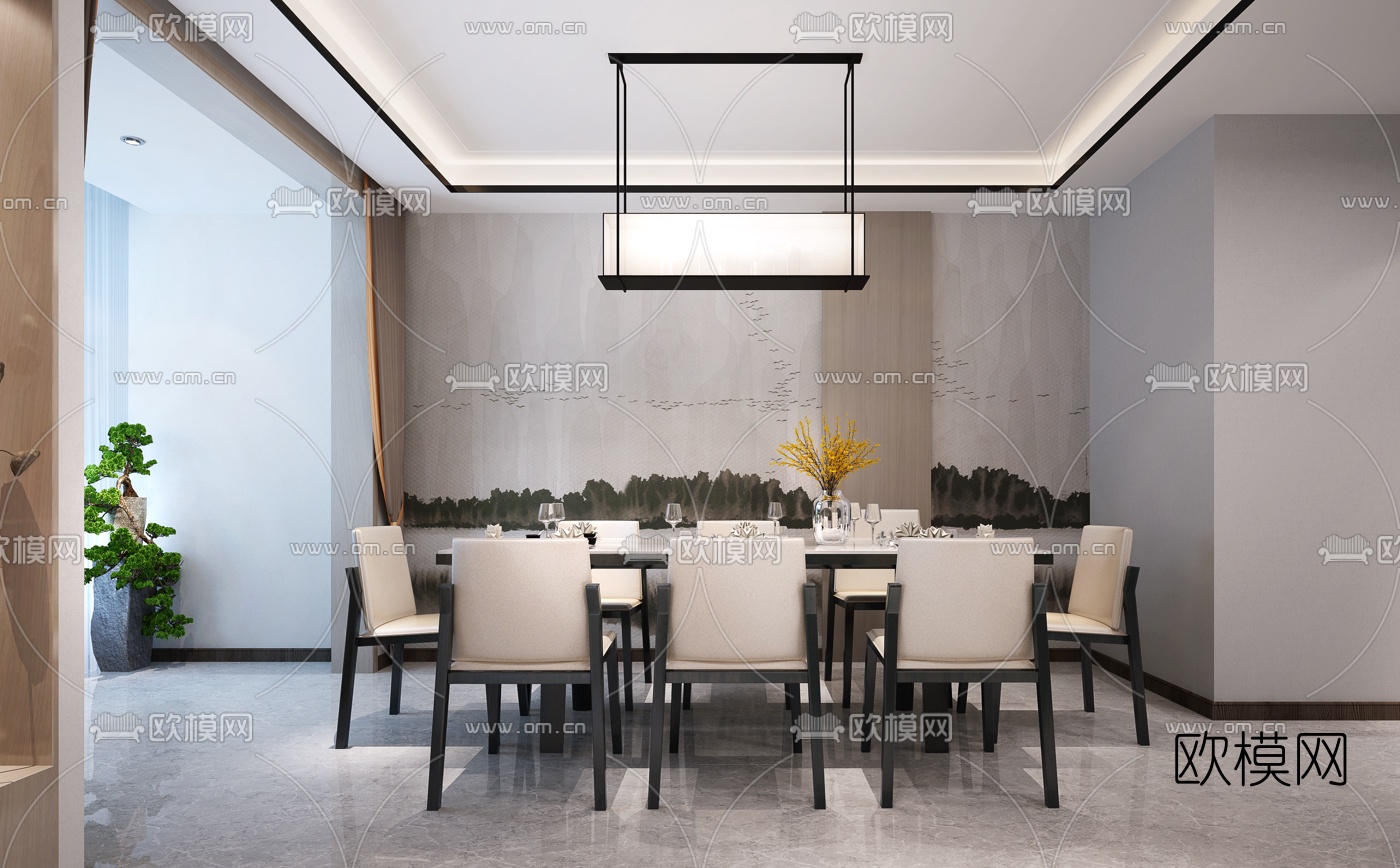 新中式客厅餐厅3D模型下载（渲染图2）