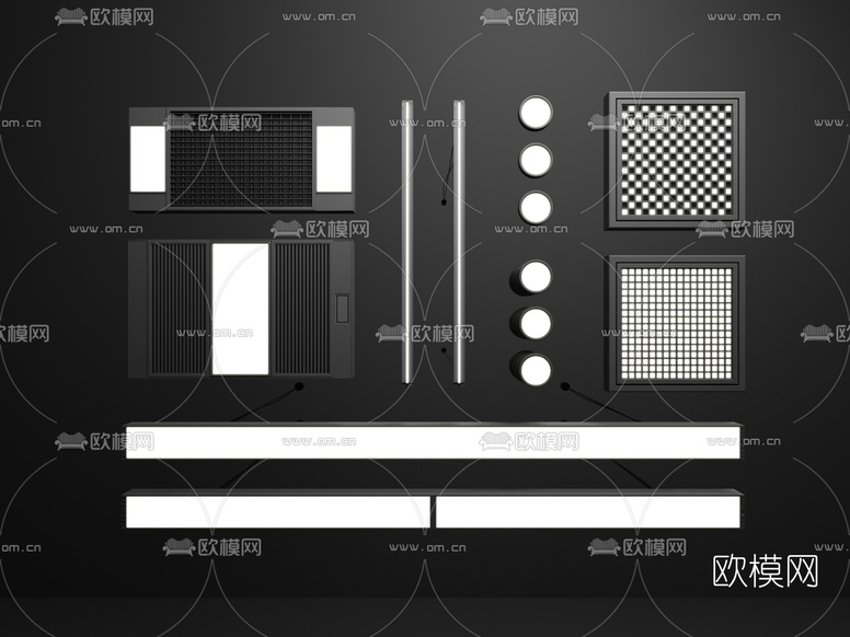 现代办公吊灯格栅灯筒灯3d模型下载(渲染图2)