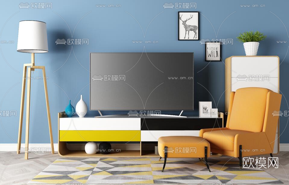 现代电视柜休闲沙发椅脚踏落地灯摆件组合3D模型下载
