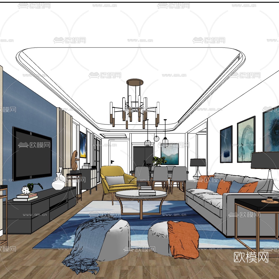 现代轻奢客餐厅su模型下载（渲染图2）