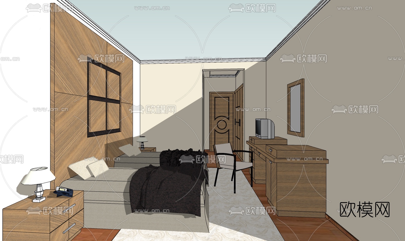 新中式酒店双人房免费su模型下载（渲染图2）