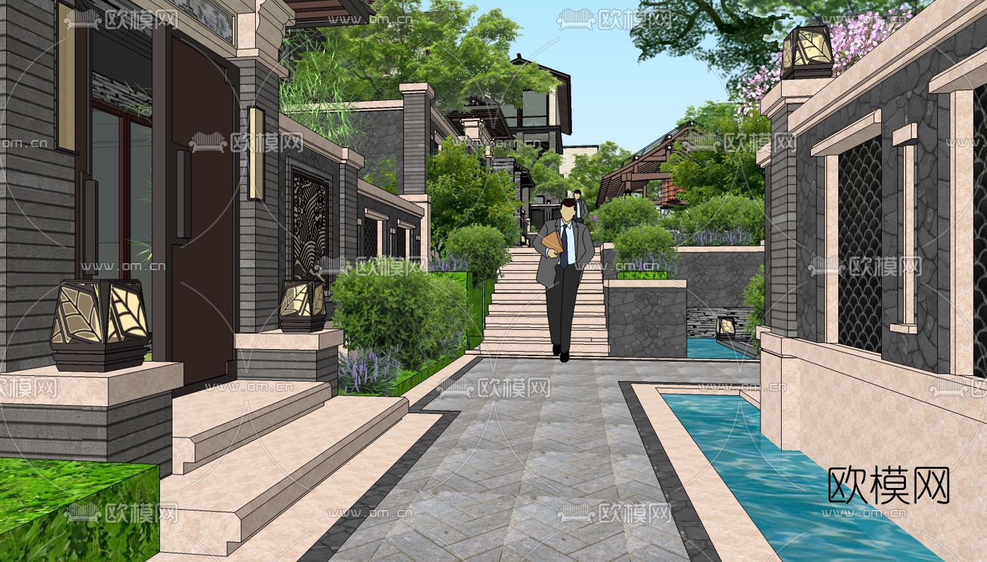 新中式别墅su模型下载（渲染图1）