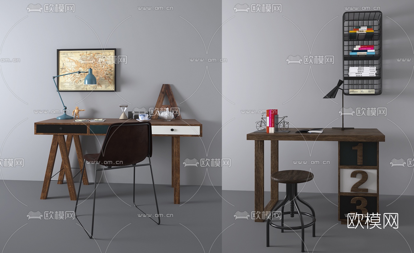 工业风书桌椅台灯组合3D模型下载
