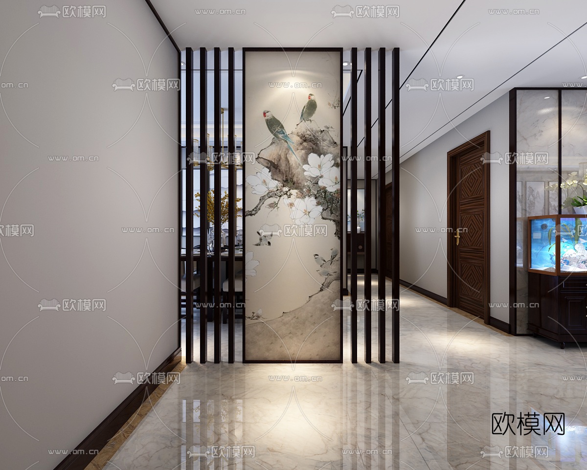 中式客厅餐厅走廊3D模型下载（渲染图2）