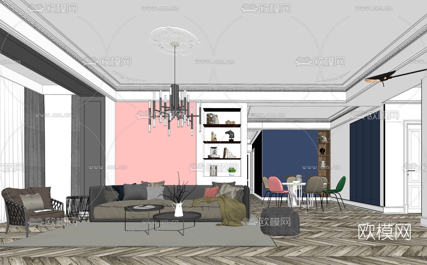 北欧客厅餐厅su模型下载（渲染图1）