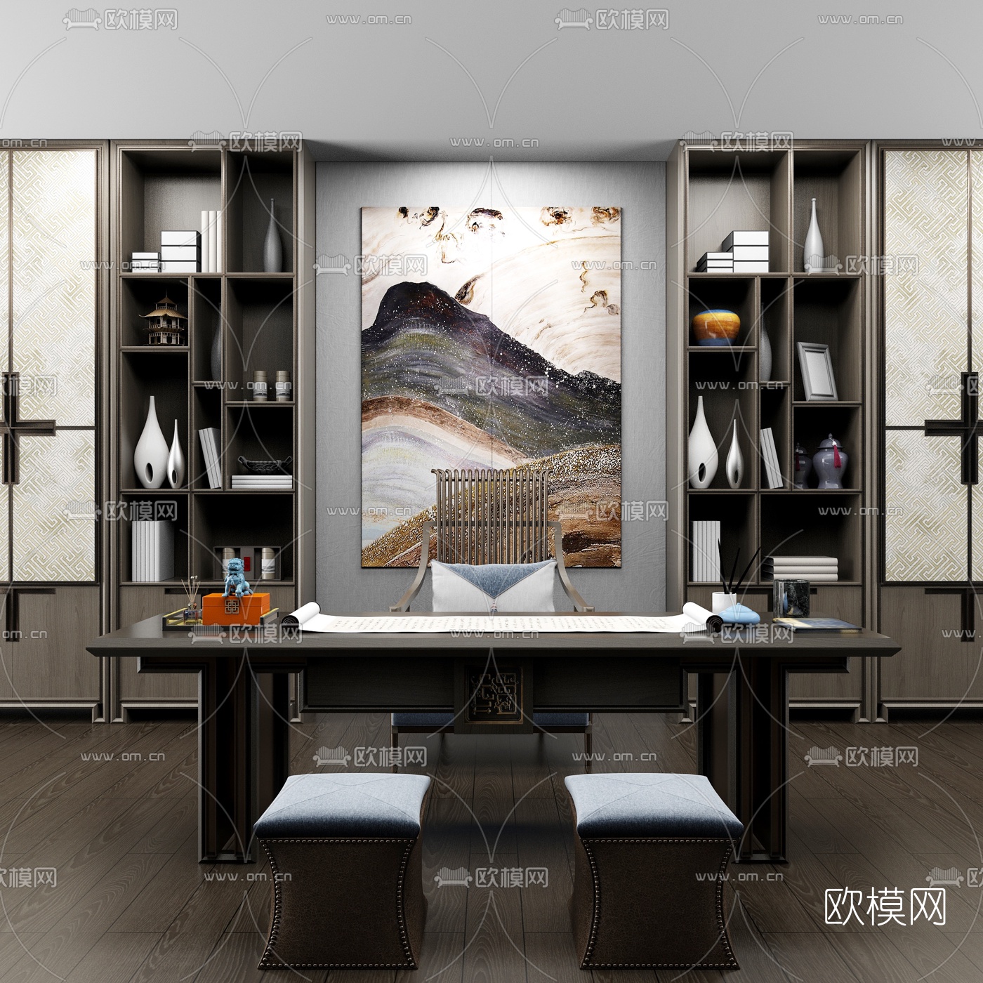 新中式实木书桌椅3d模型-免费3dmax模型库-欧模网