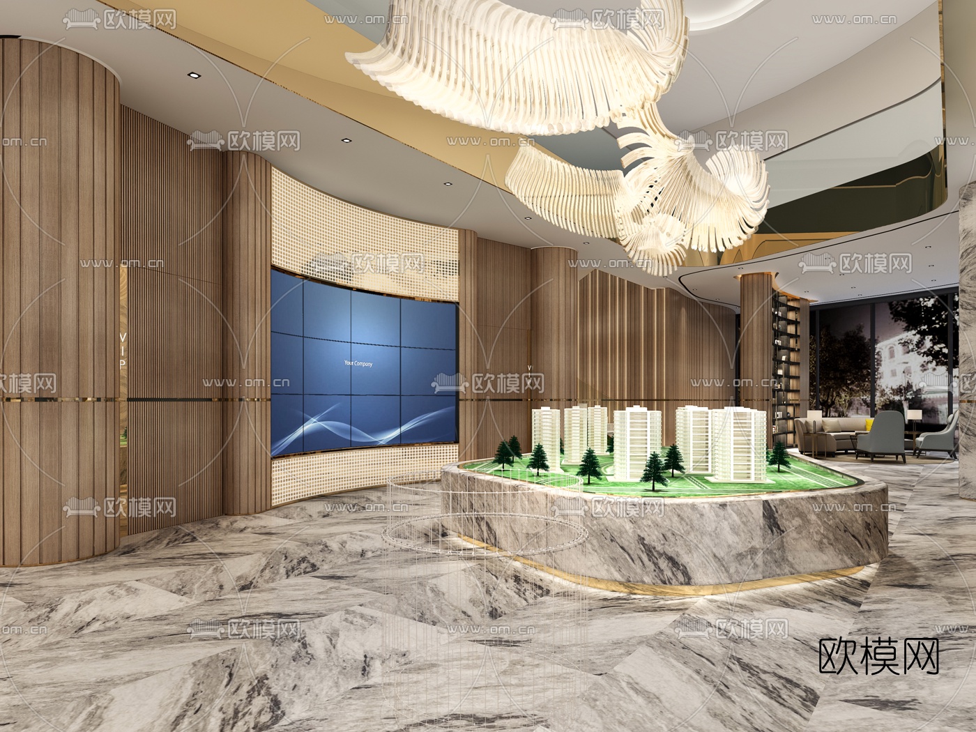 现代售楼处前台大厅水吧区3d模型