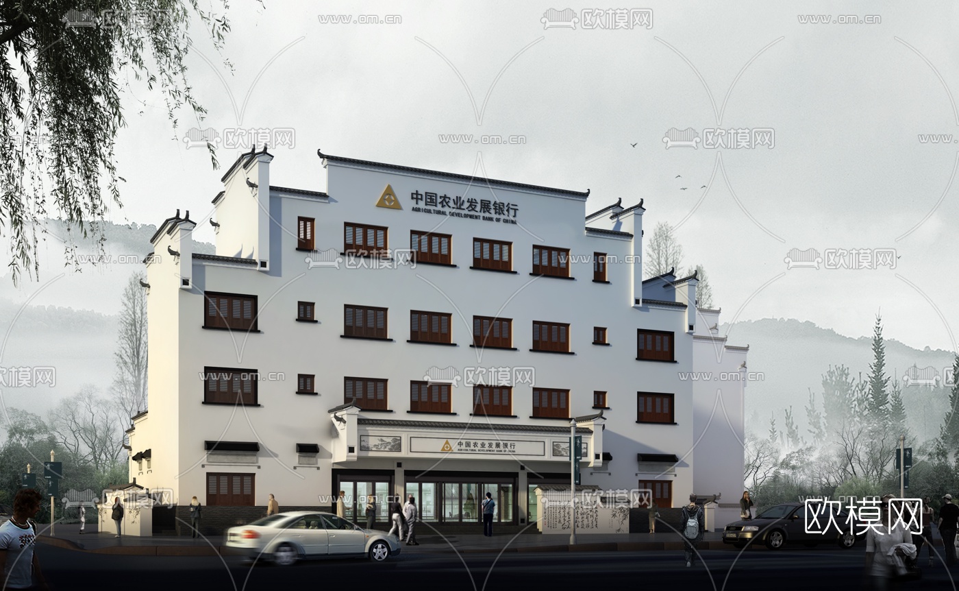 中式徽派银行建筑外观3D模型