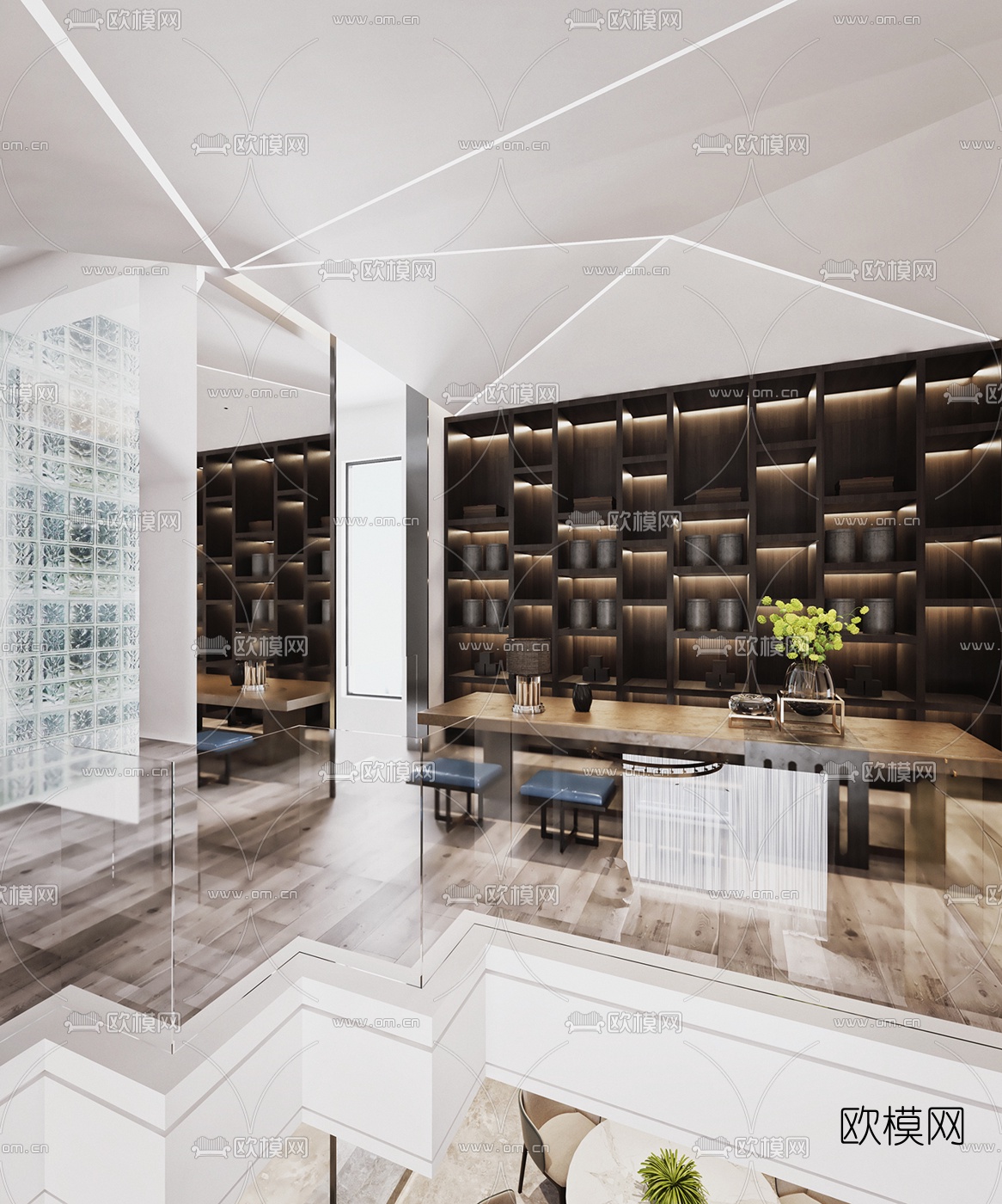 现代别墅客厅餐厅书房3D模型下载（渲染图2）