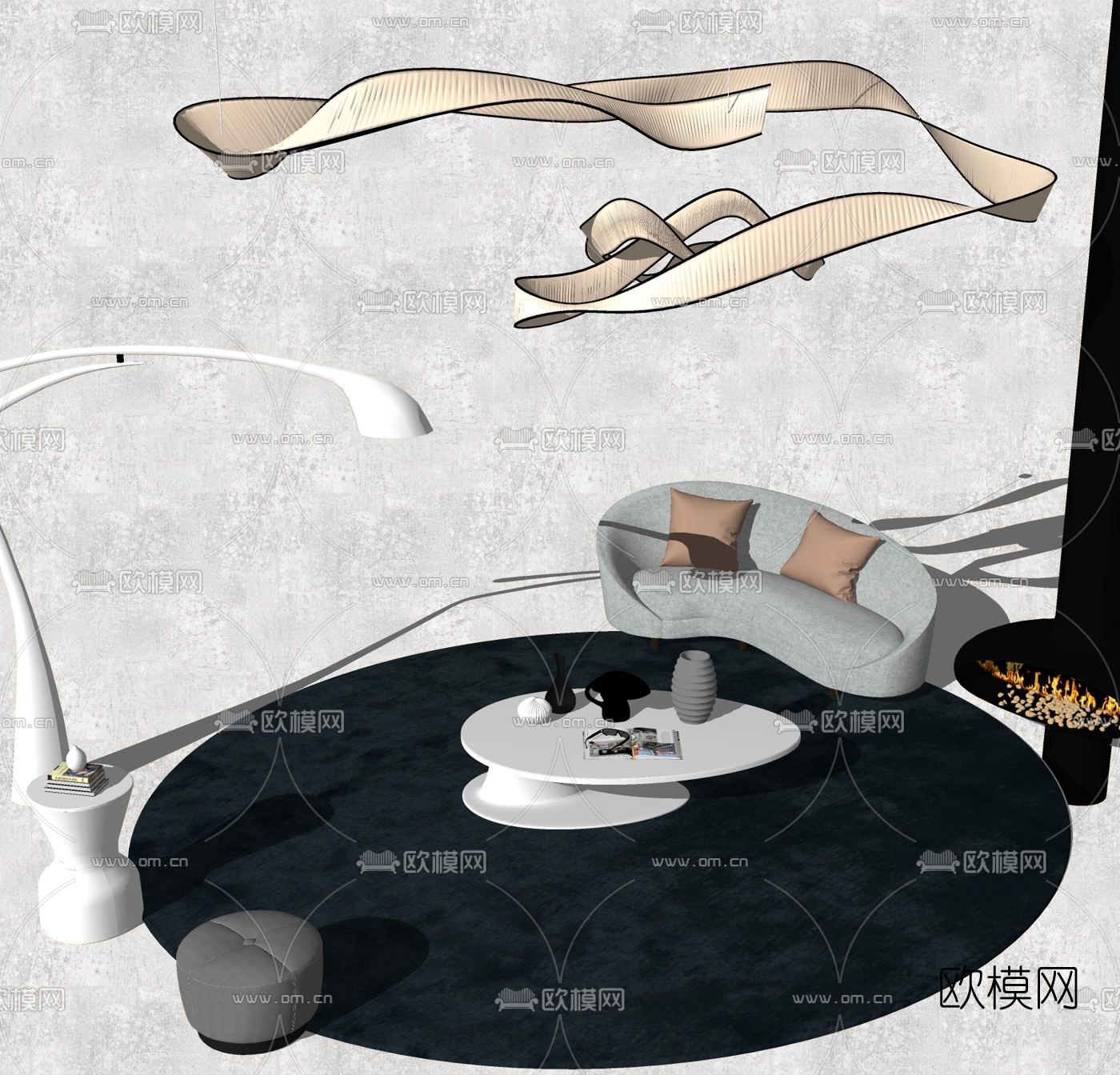 现代布艺弧形多人沙发su模型下载（渲染图3）