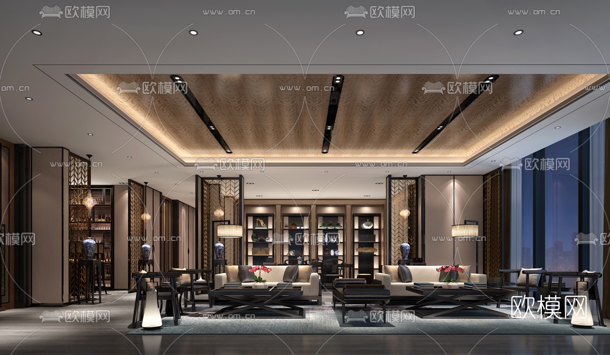 新中式会所会客厅3D模型-免费3dmax模型库-欧模网