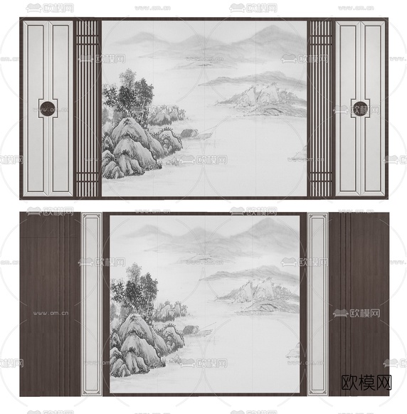 新中式山水背景墙3d模型下载(渲染图1)