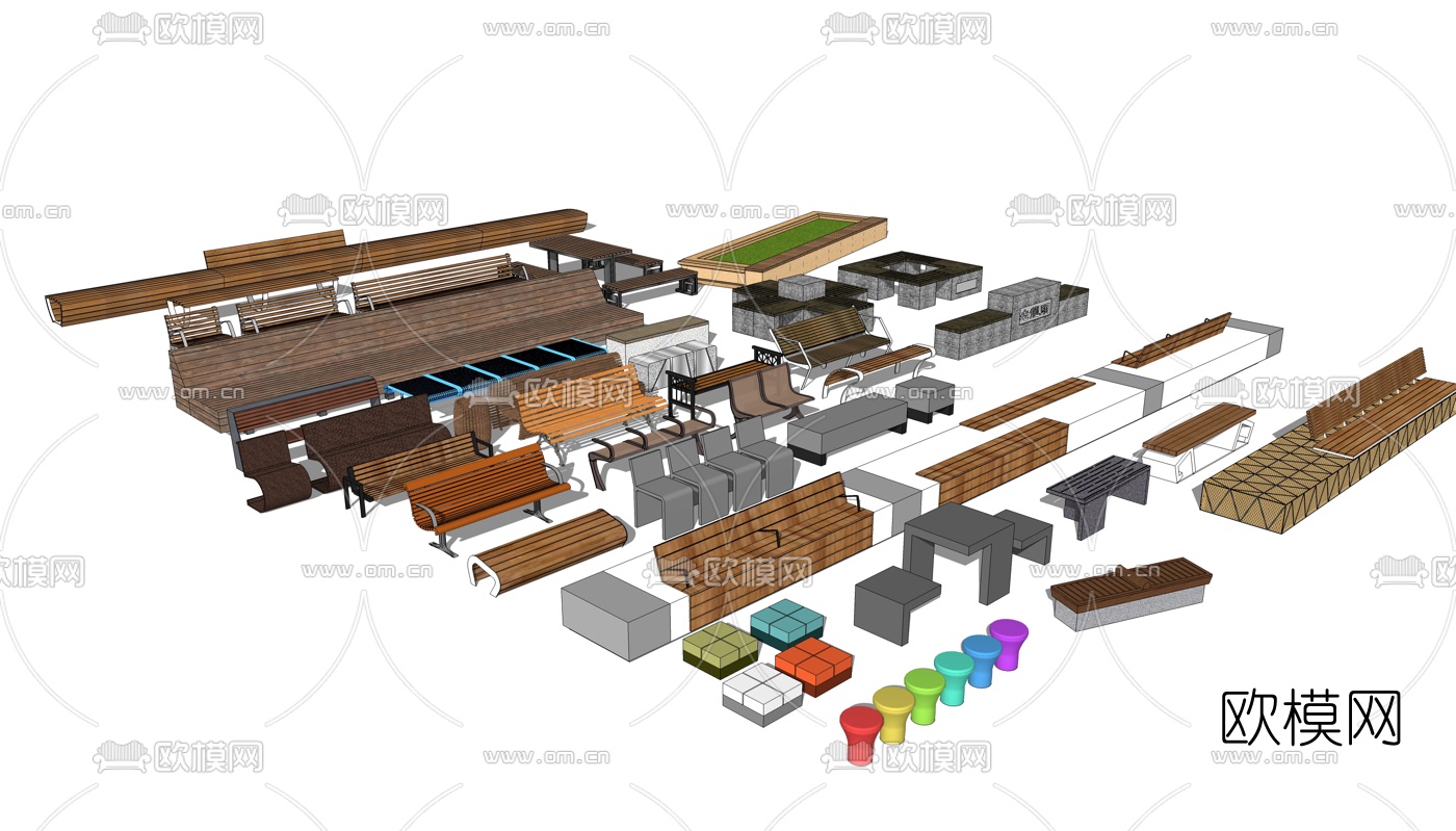 现代户外公用椅组合su模型下载
