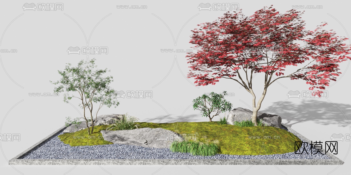 现代石阶红枫树景观小品3d模型下载（渲染图2）