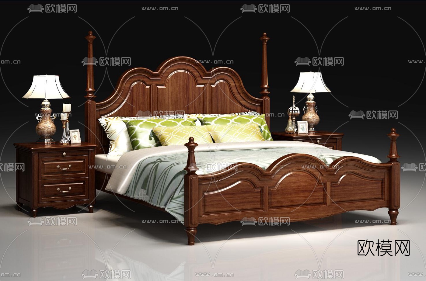 美式双人床免费3d模型下载（渲染图2）