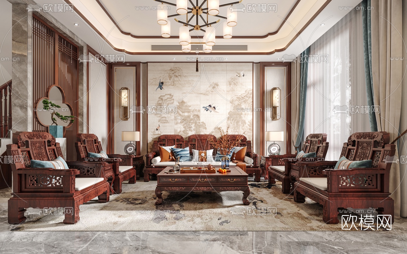 中式客厅餐厅3d模型下载（渲染图1）