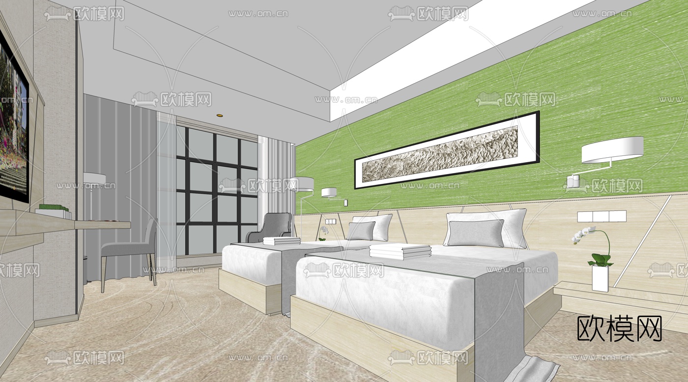 北欧酒店客房双人房su模型下载（渲染图1）