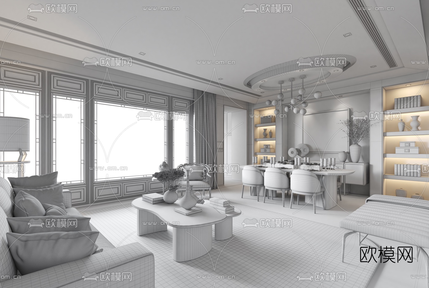 邱德光新中式客厅3d模型下载（渲染图2）