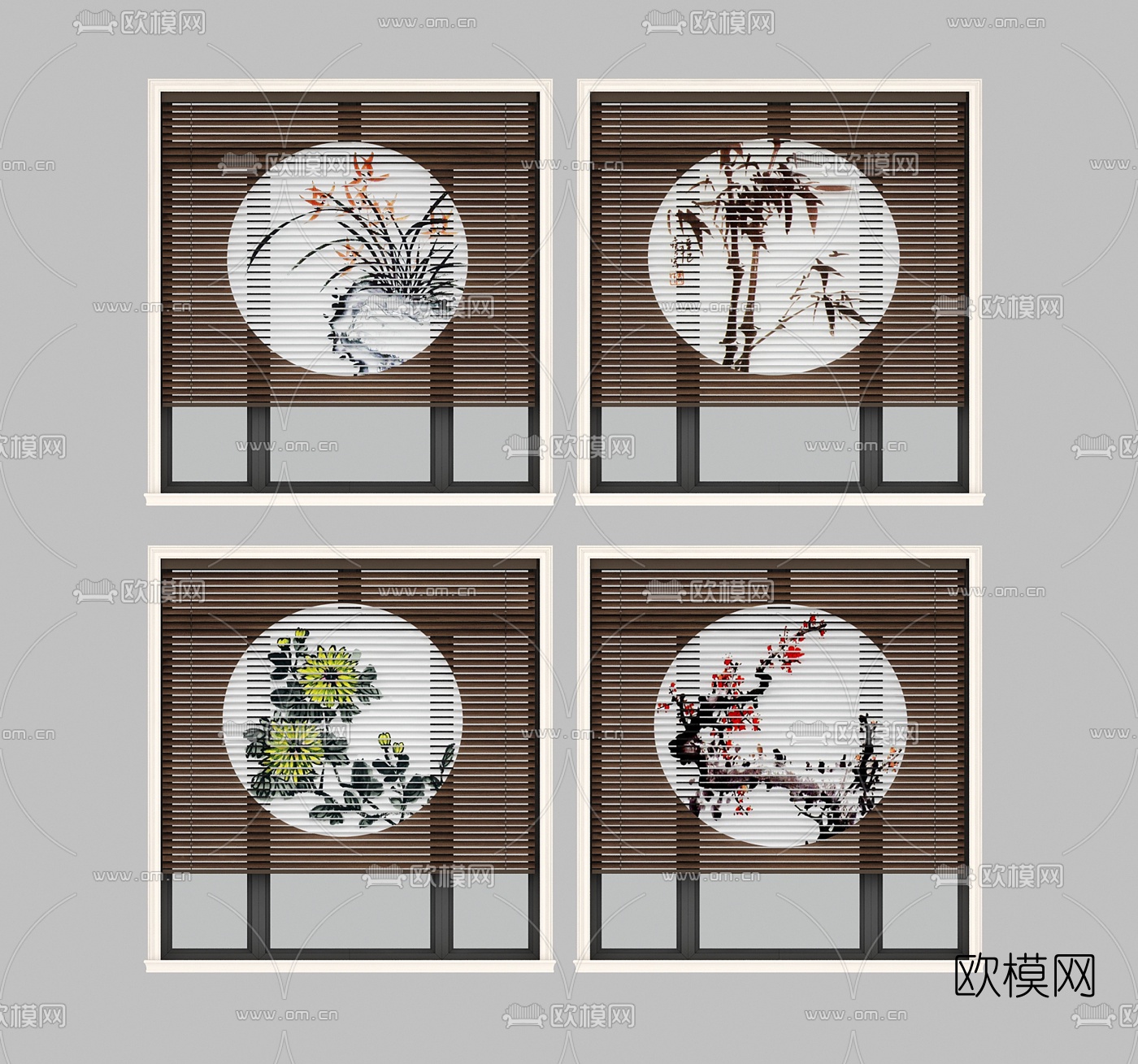 中式梅兰竹菊百叶帘竹帘3d模型下载