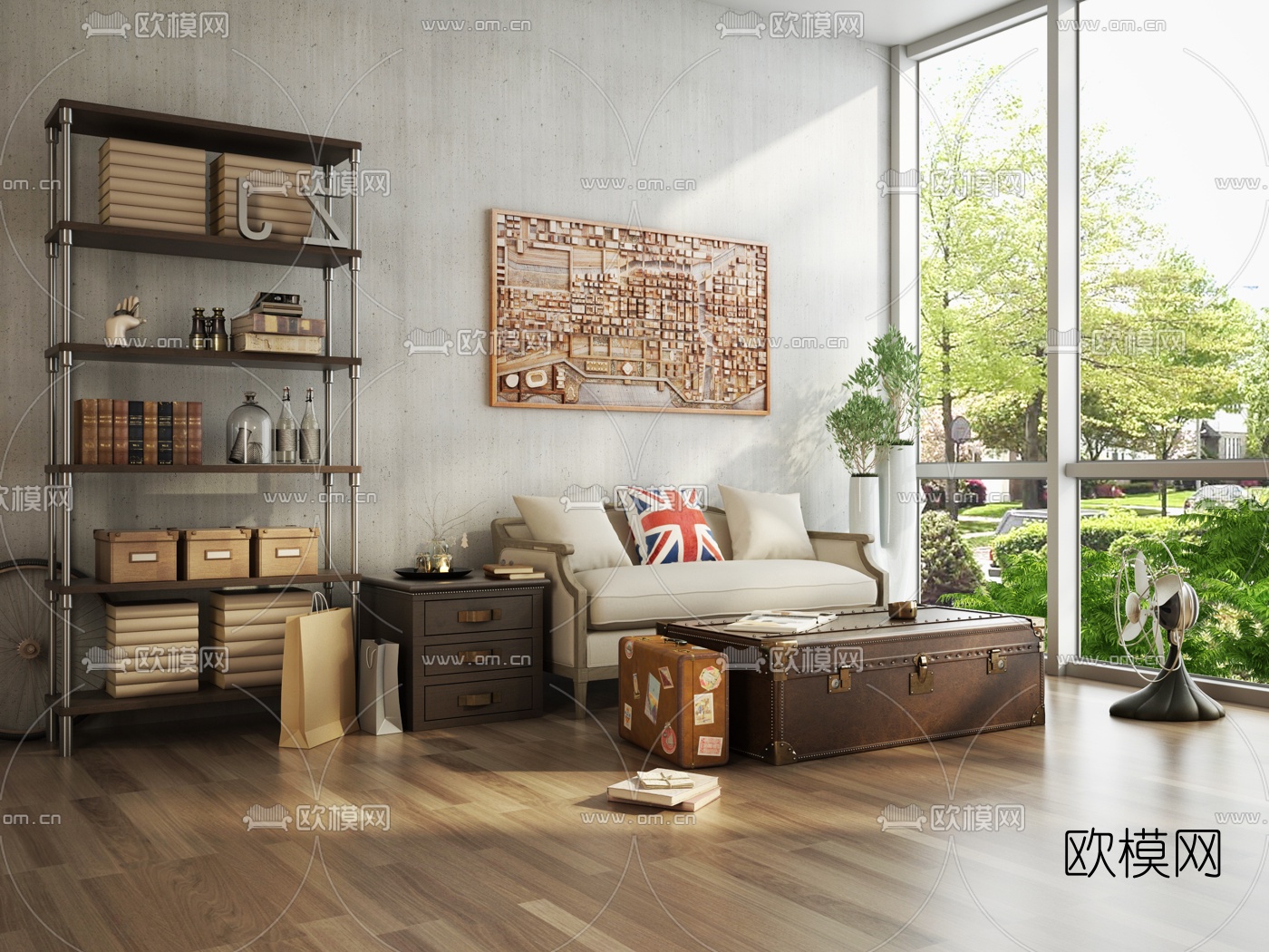 美式双人沙发3d模型下载（渲染图1）