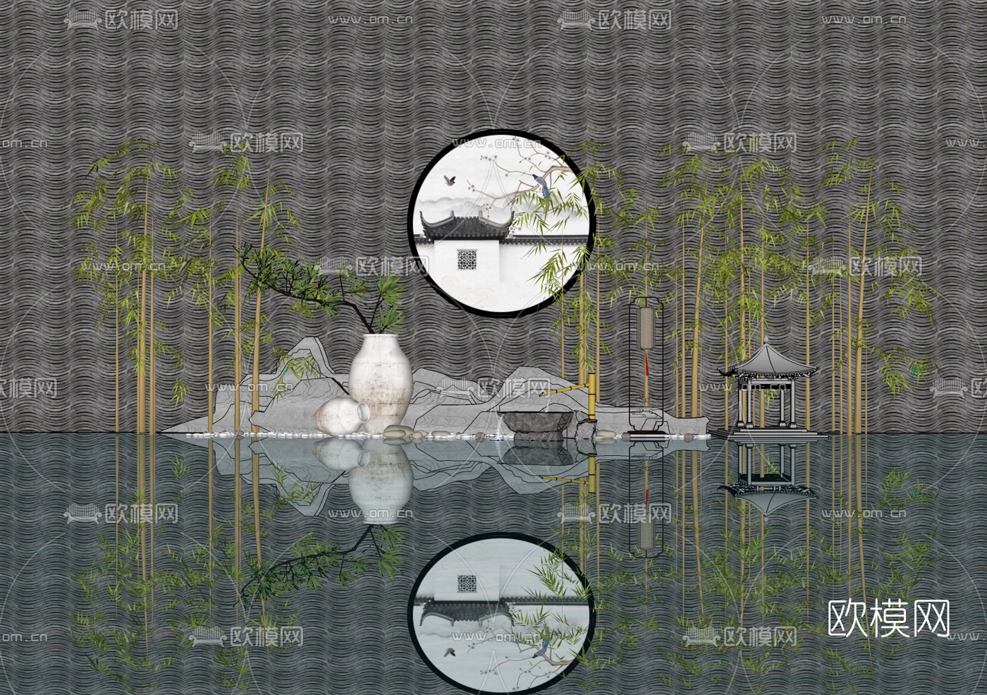 新中式竹子水景小品su模型下载（渲染图2）