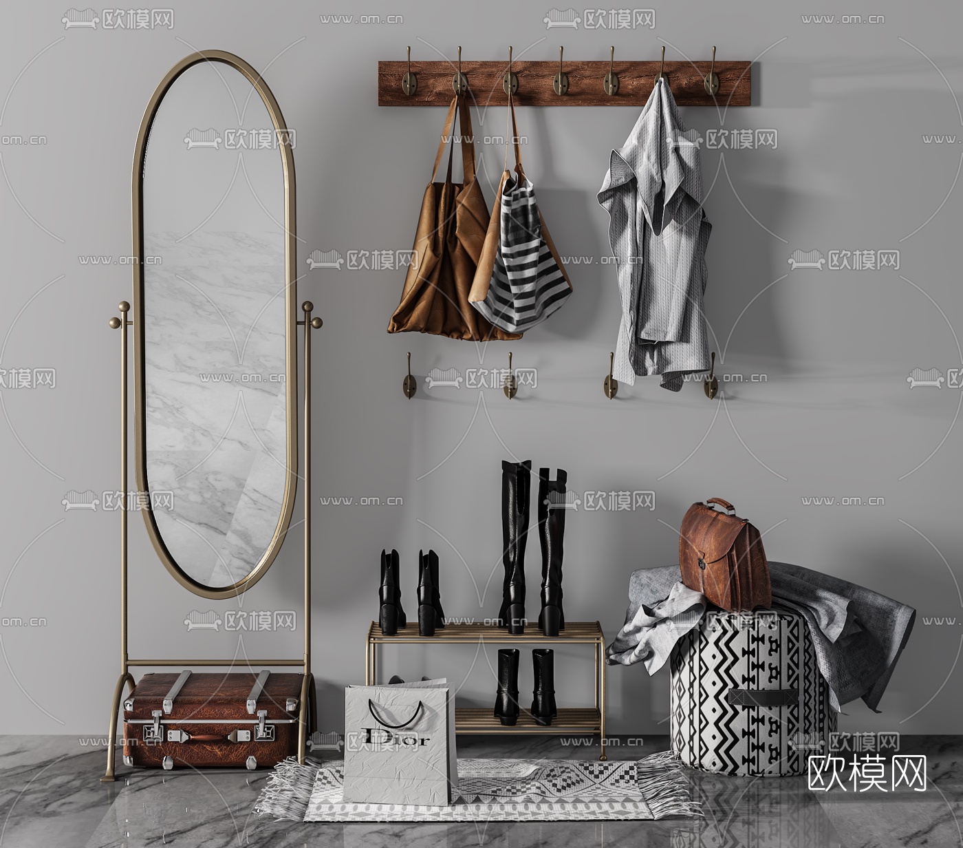 工业风装饰架镜子服饰组合3d模型下载（渲染图1）