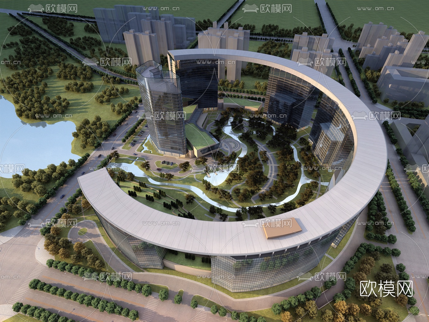 现代酒店建筑鸟瞰规划3d模型