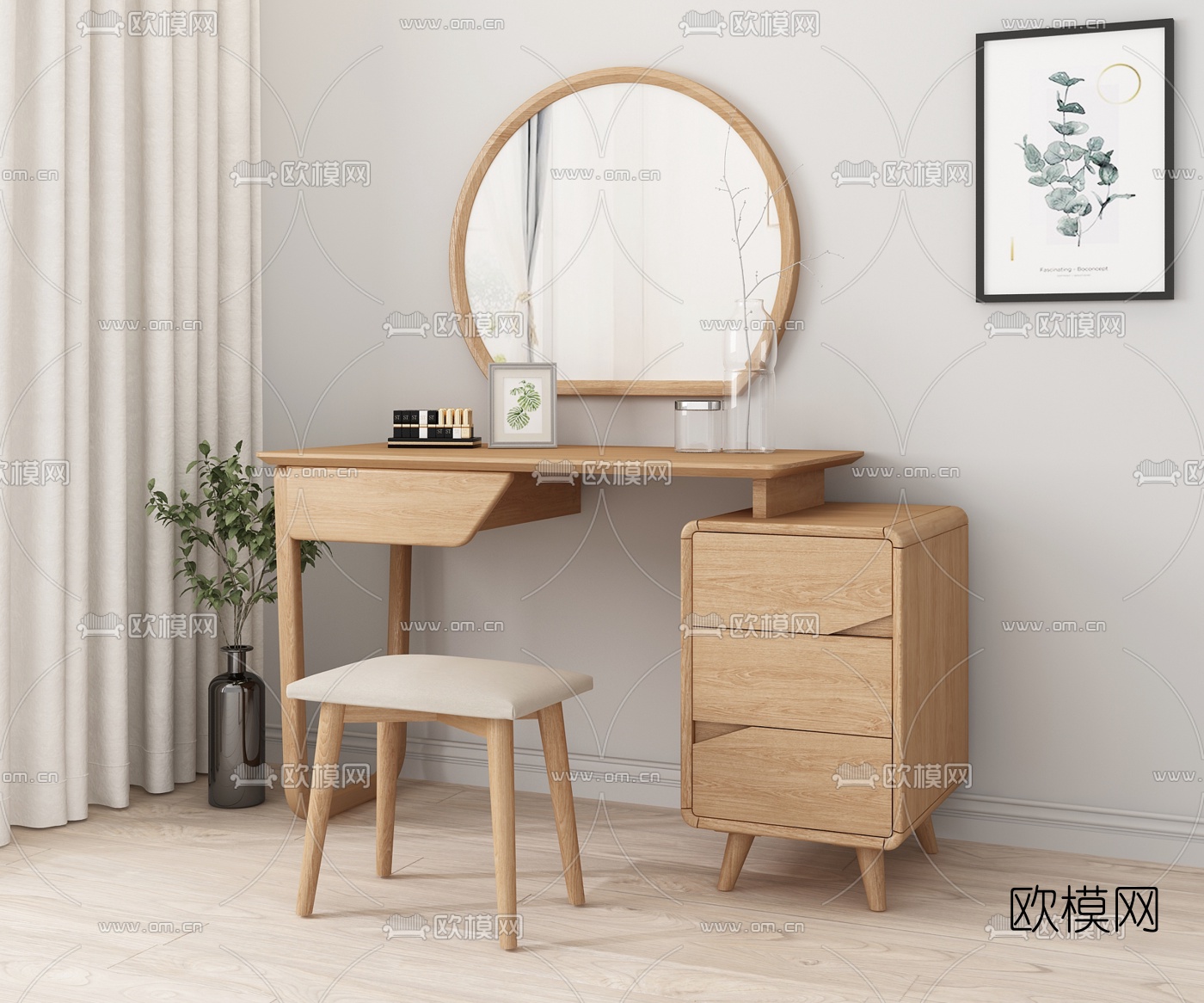 北欧实木梳妆台3d模型下载（渲染图2）