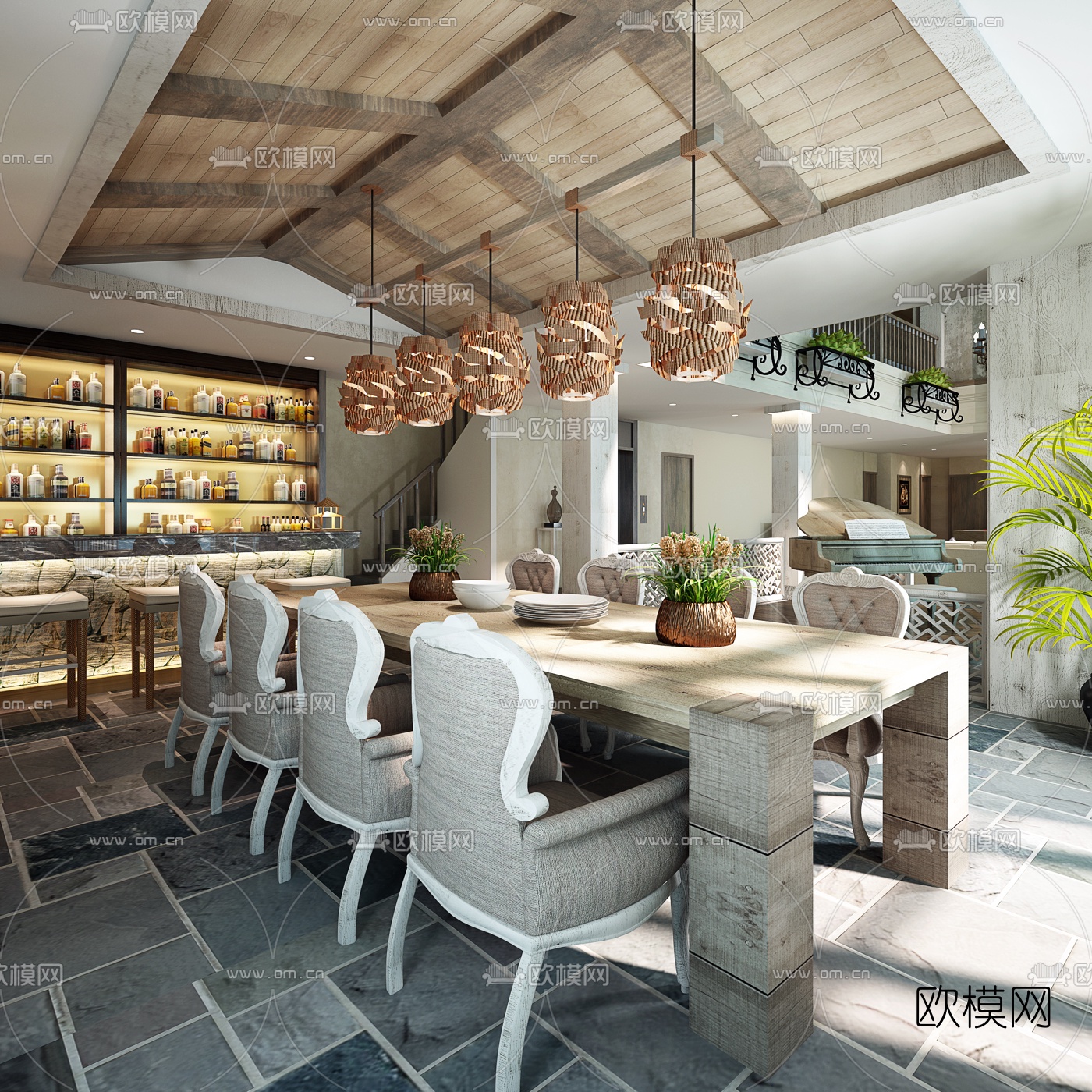 美式西餐厅吧台区3D模型下载（渲染图2）