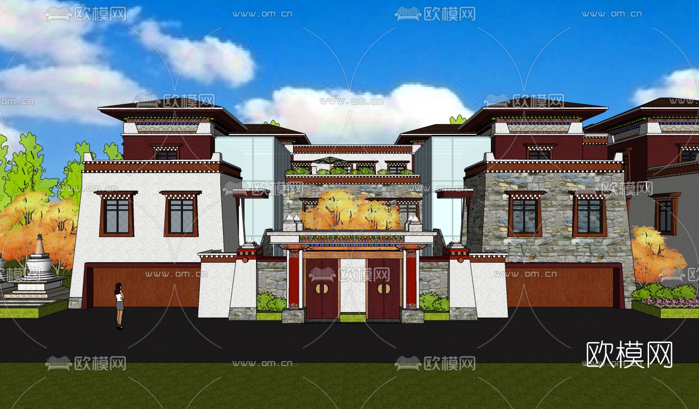藏式连排别墅su模型下载（渲染图2）