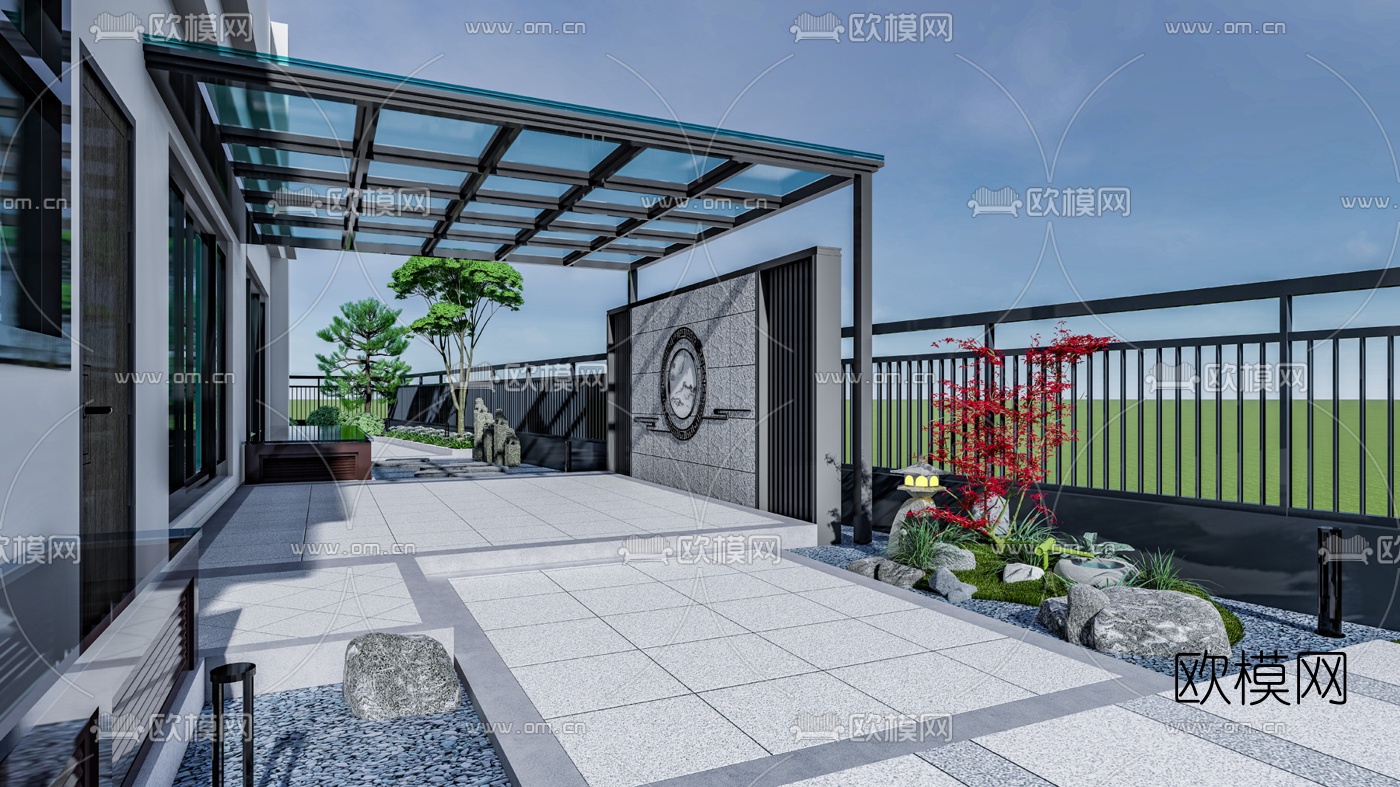 新中式庭院花园su模型下载（渲染图1）