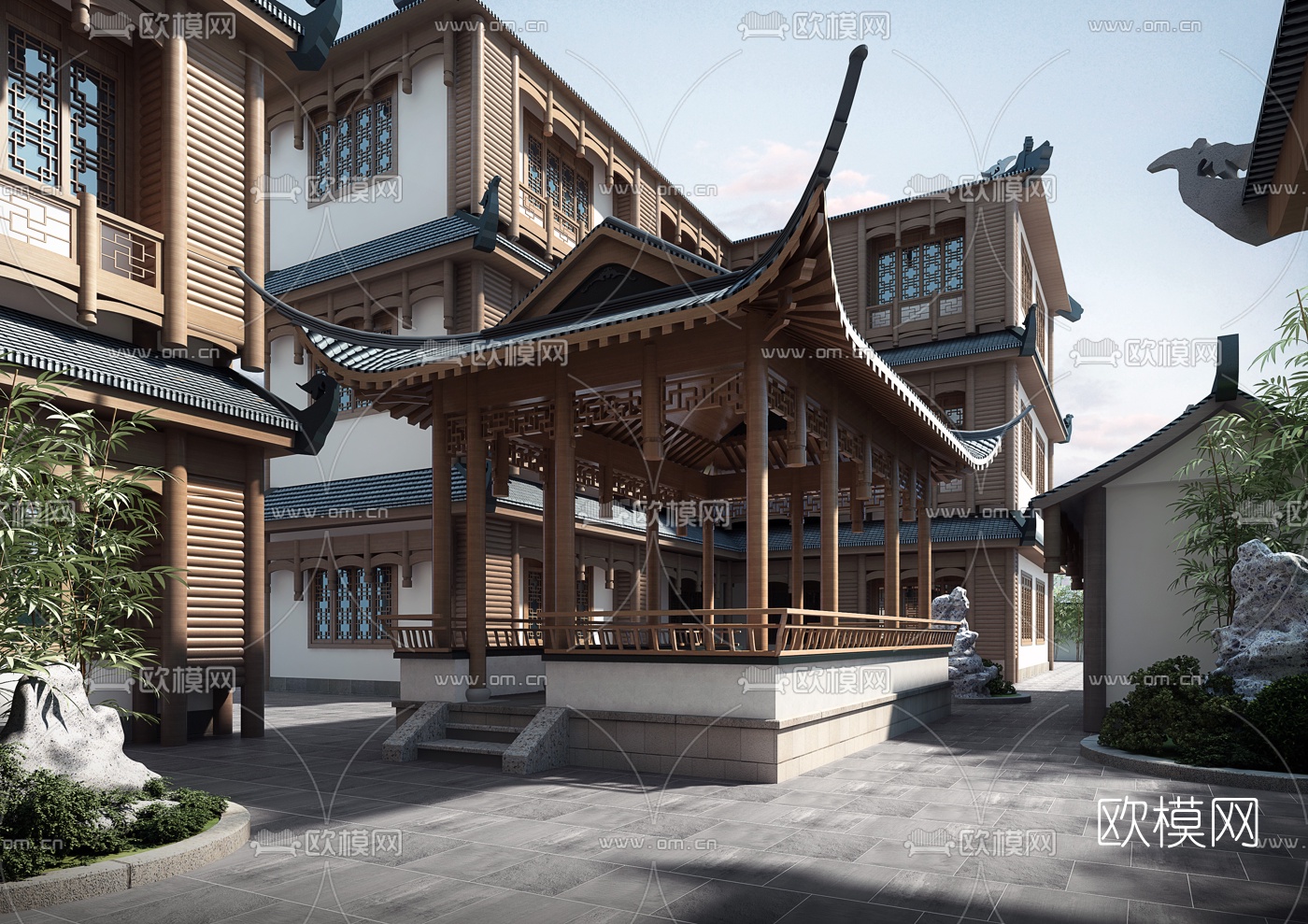 新中式古建客栈3D模型-免费3dmax模型库-欧模网