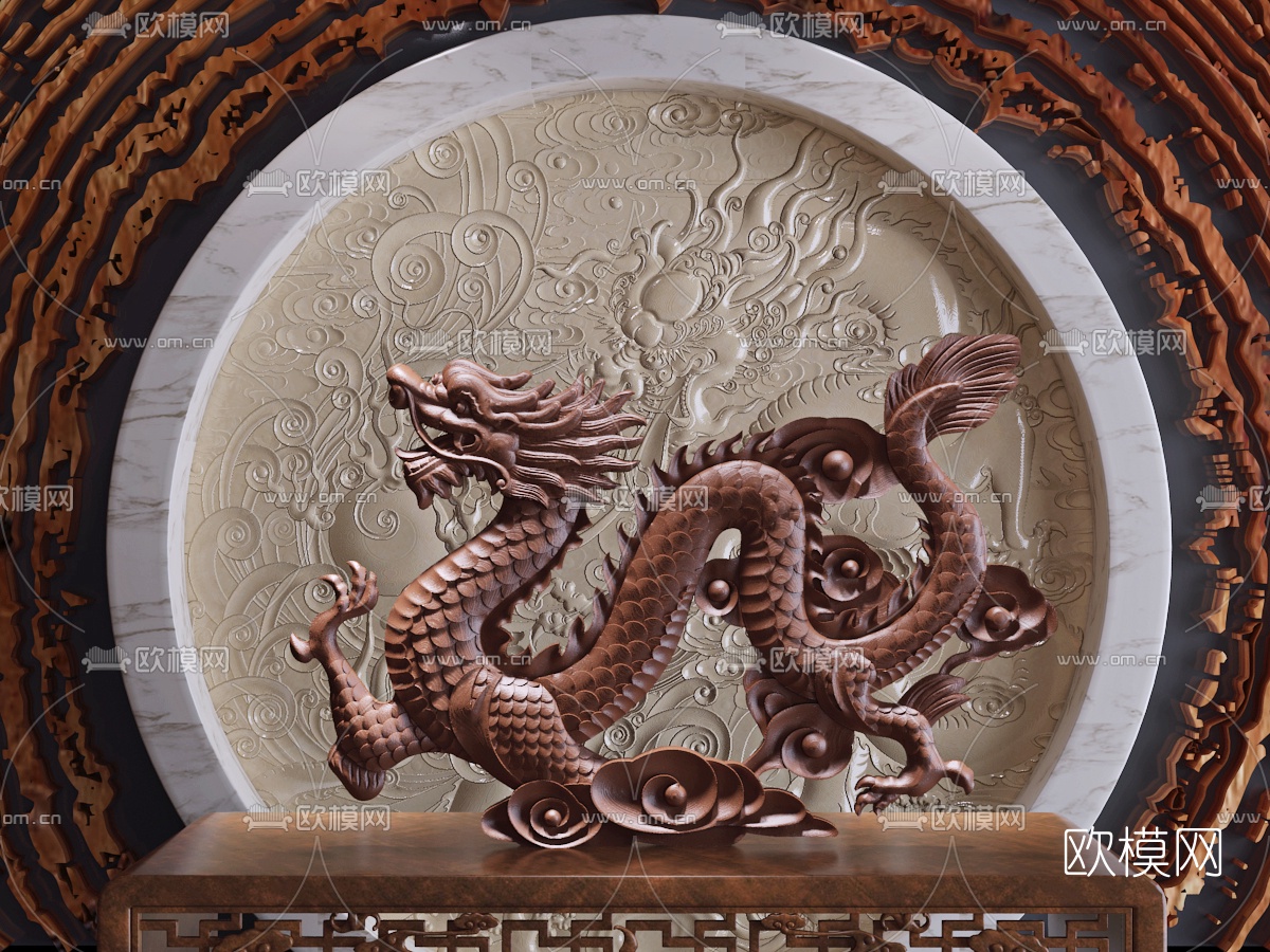 中式中国龙实木雕塑3D模型