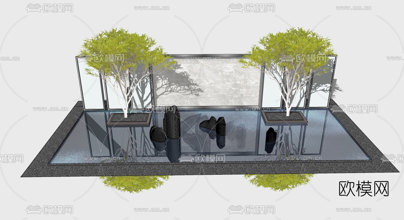 新中式景观墙水池su模型