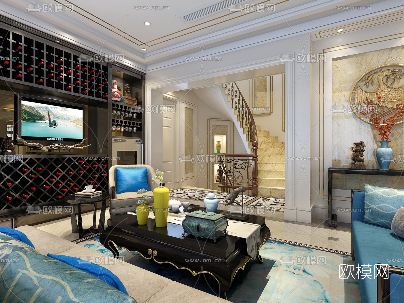 新古典复式客厅餐厅走道3D模型下载（渲染图2）