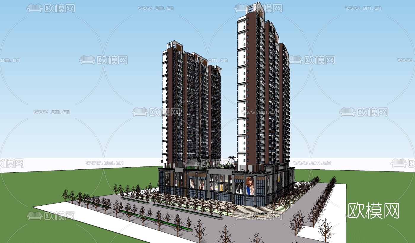 现代商住综合楼su模型下载（渲染图2）