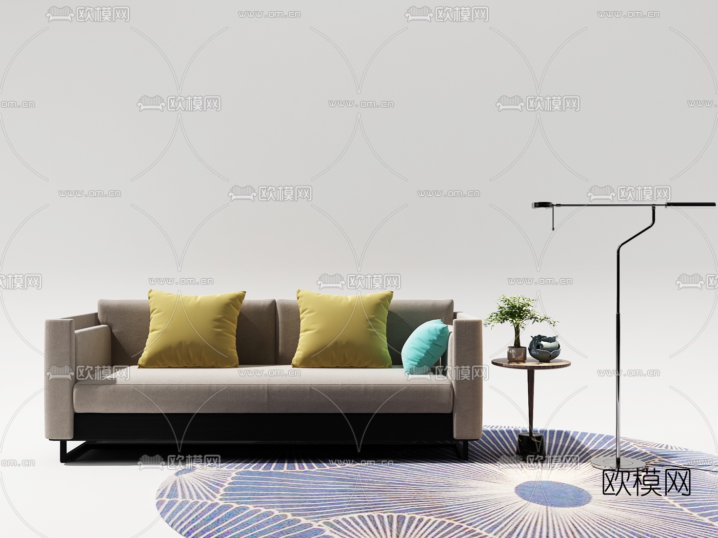 现代布艺沙发圆几落地灯摆件组合3D模型下载（渲染图3）