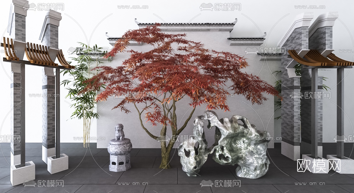 中式假山枫树景观小品3d模型下载