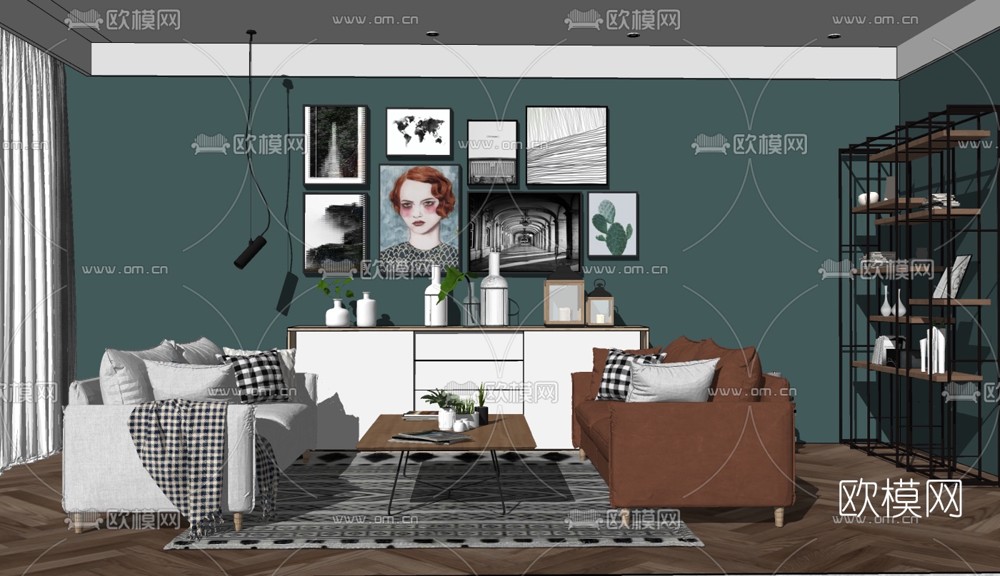 北欧布艺多人沙发组合su模型下载