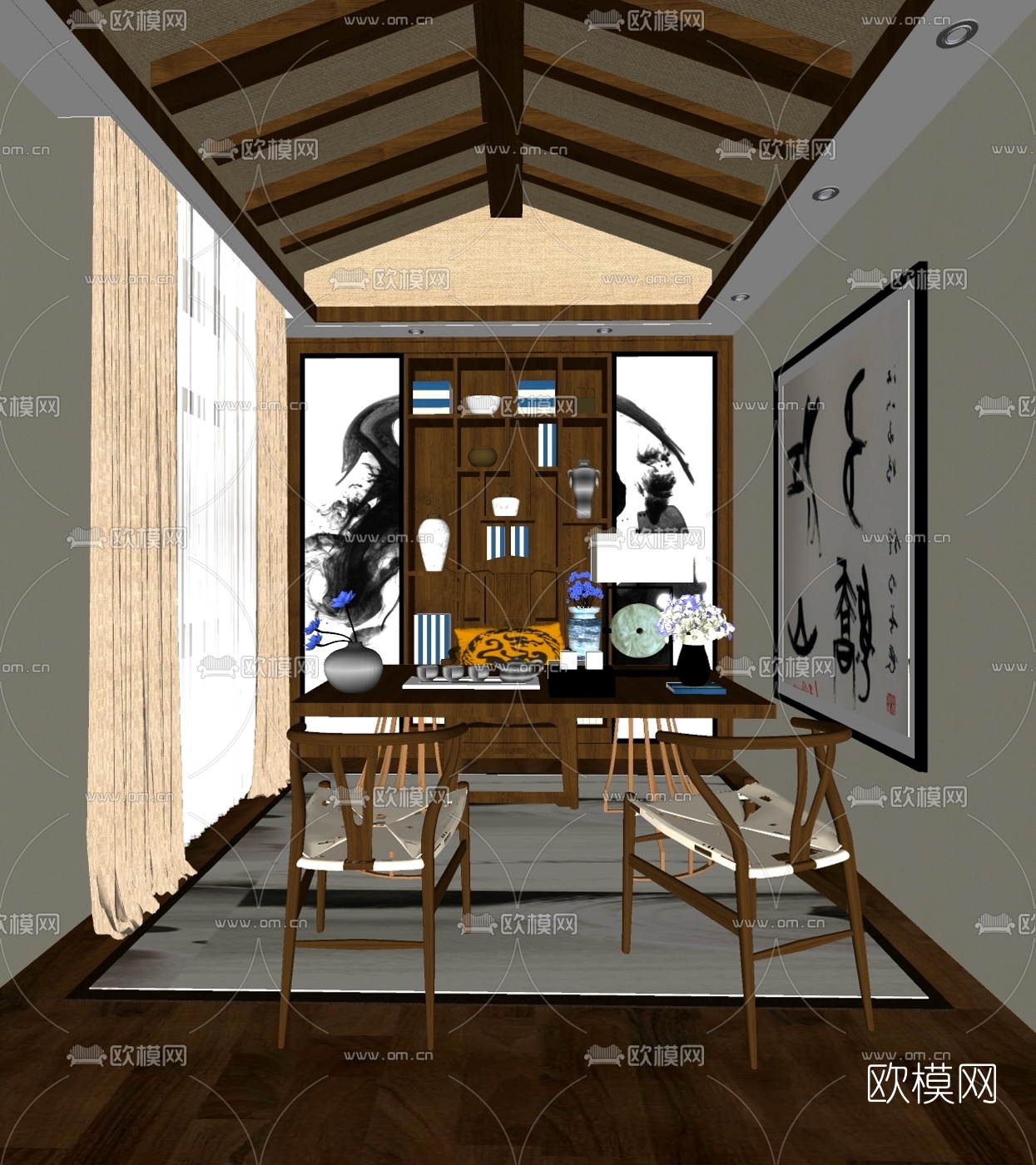 中式书房su模型下载（渲染图2）