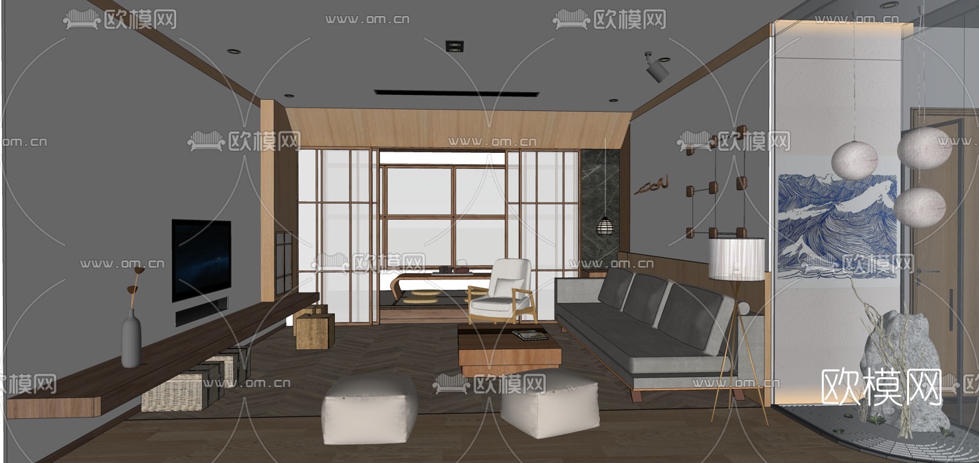 日式客餐厅su模型下载（渲染图2）