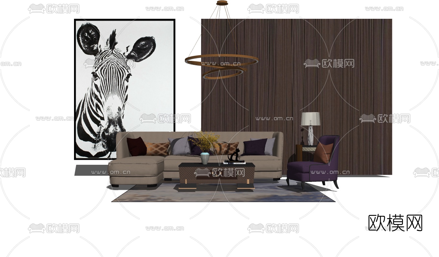 现代布艺沙发组合su模型下载（渲染图2）