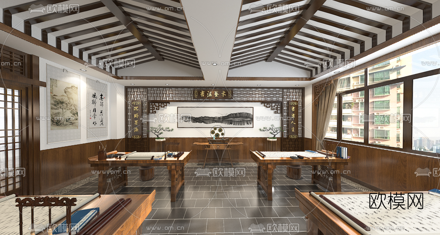 新中式培训机构书法室全景3d模型