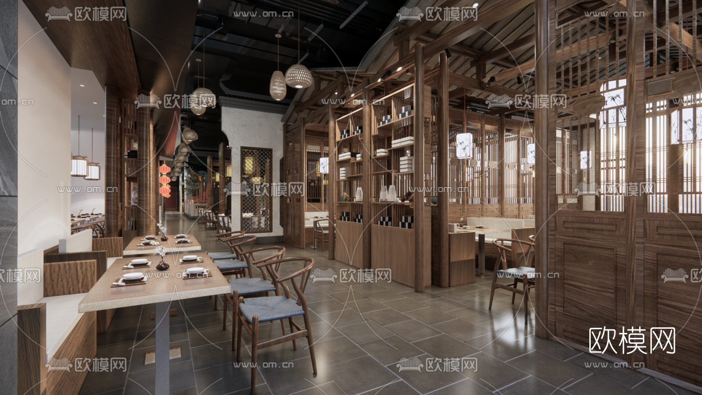 新中式中餐厅su模型下载（渲染图2）