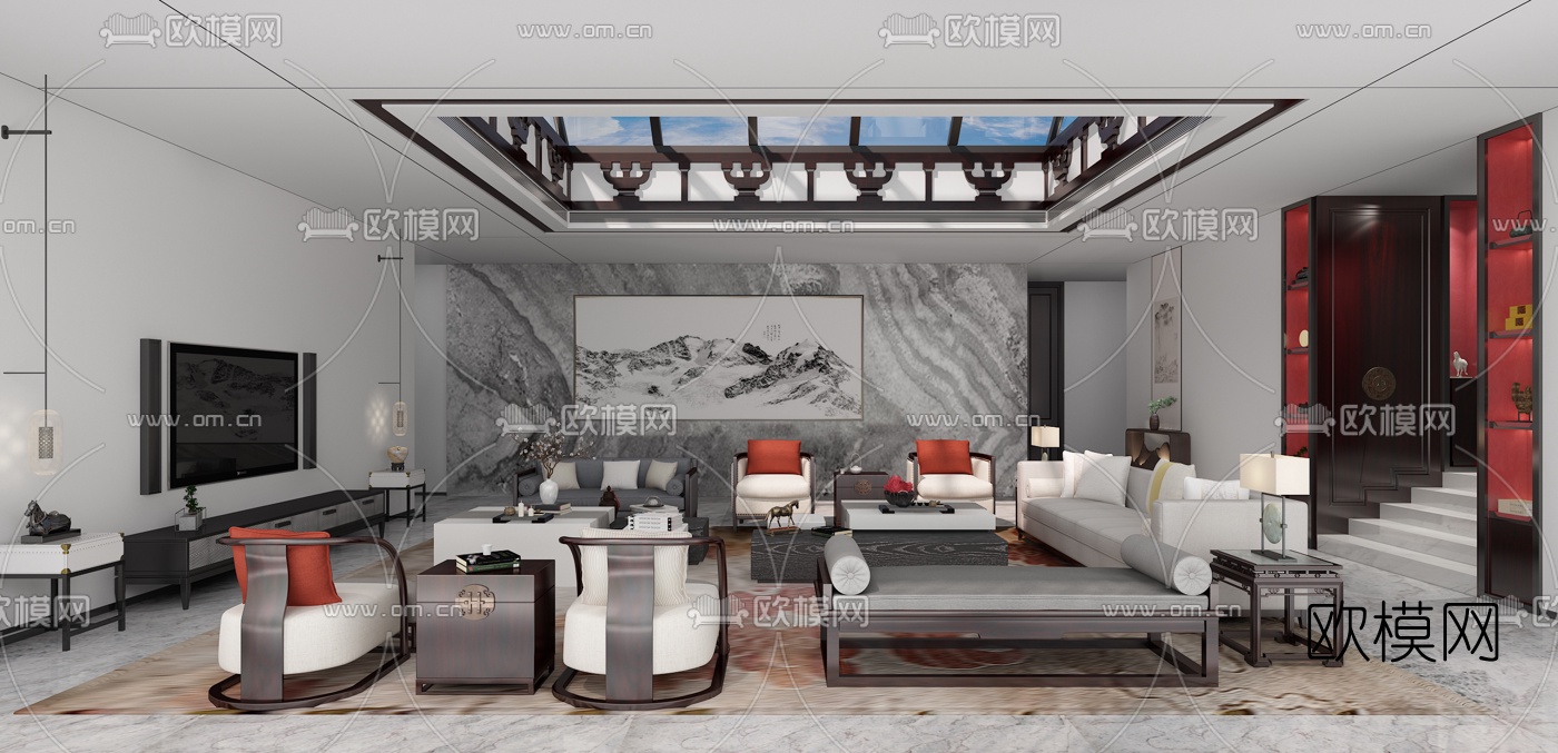 中式别墅会客厅3d模型