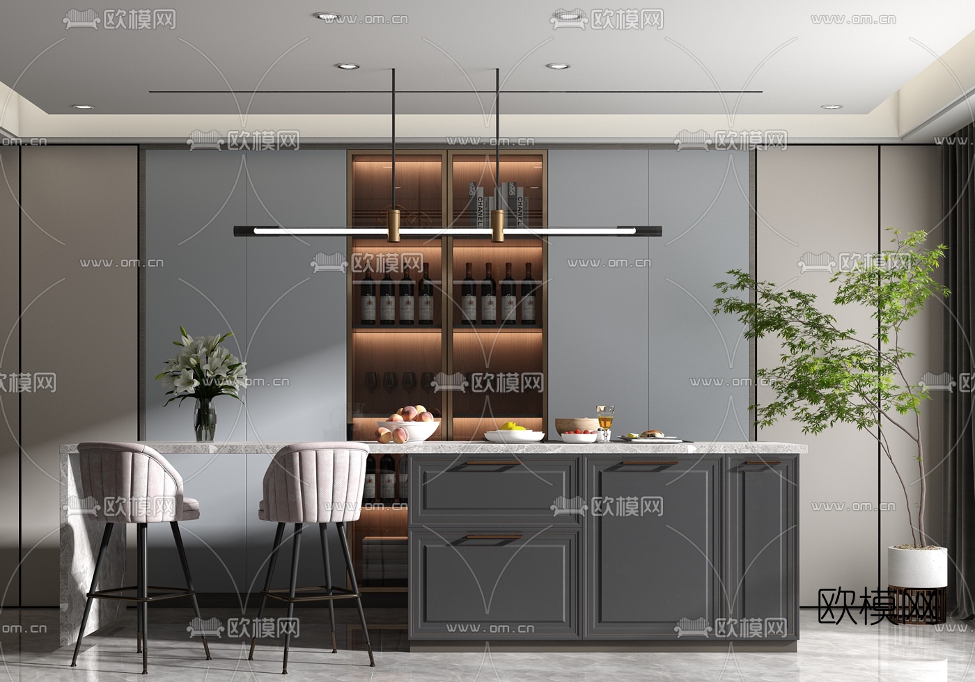 现代轻奢吧台吧椅su模型下载（渲染图1）