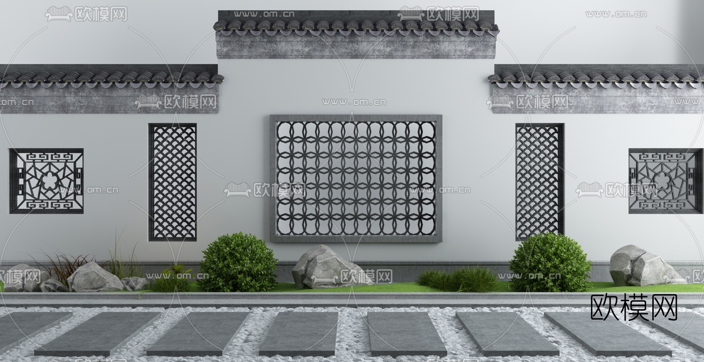新中式马头墙假山植物石路景观小品3d模型