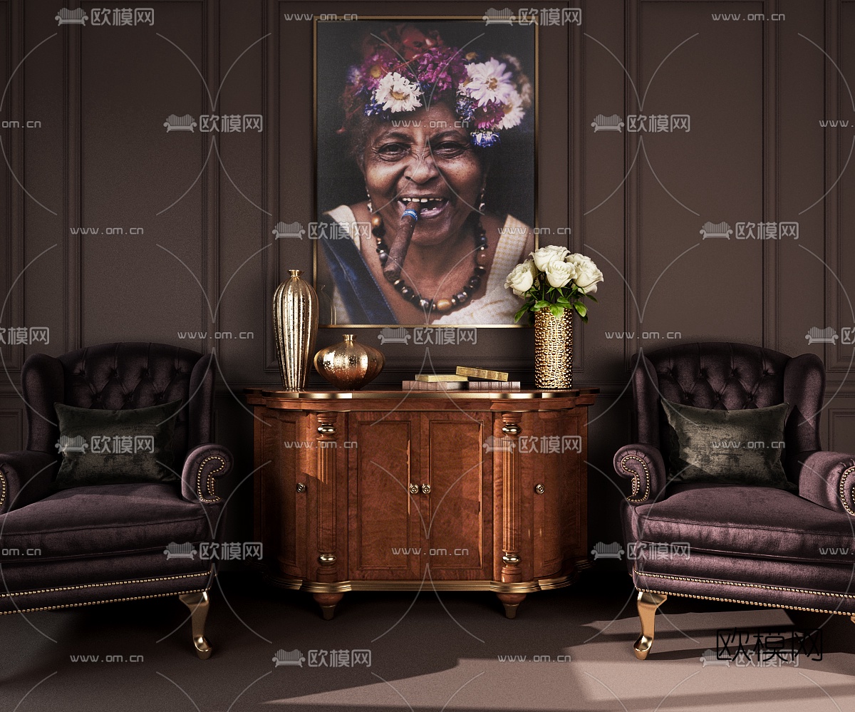 美式端景柜单人沙发组合3D模型下载