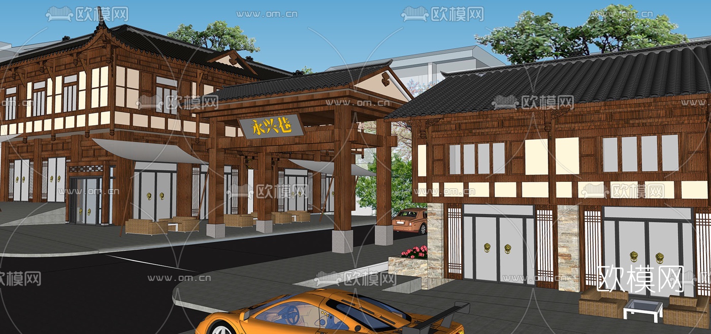 新中式古建筑外观su模型下载（渲染图2）