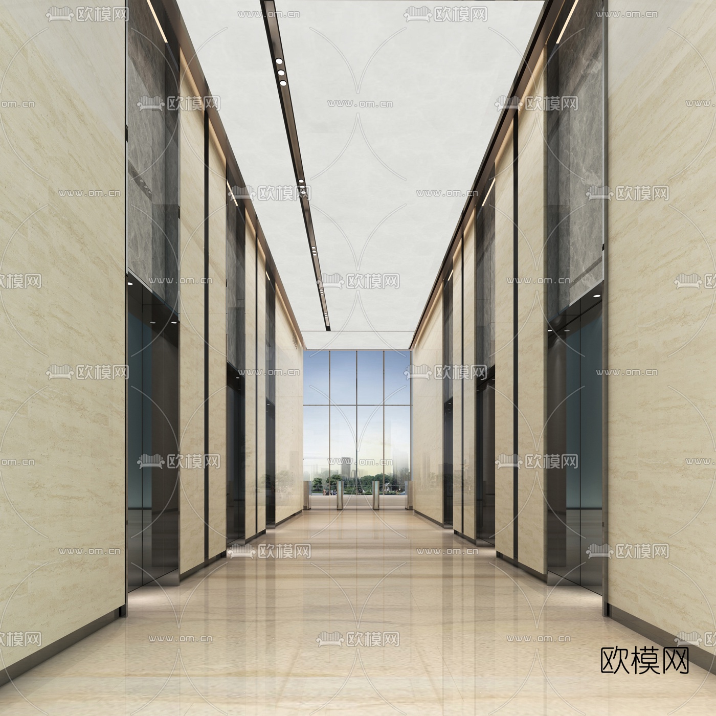 现代前台大堂电梯厅3d模型下载（渲染图2）